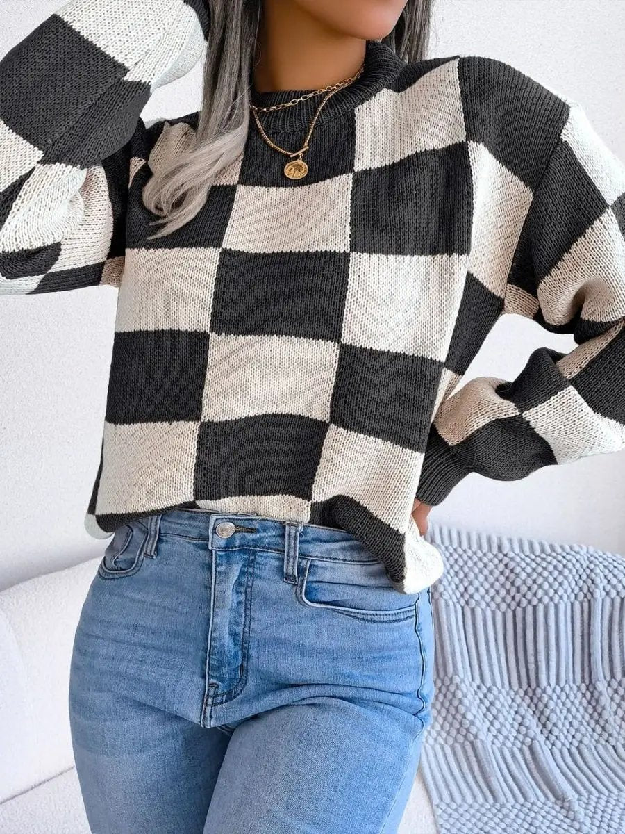 Checkered Mock Neck Long Sleeve Sweater - Love Salve